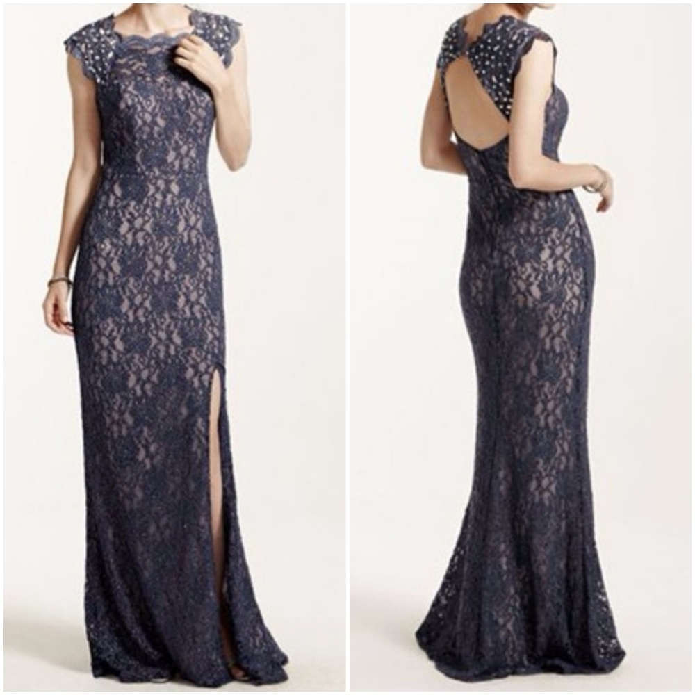 LONG LACE CAP SLEEVE DRESS KEYHOLE BACK